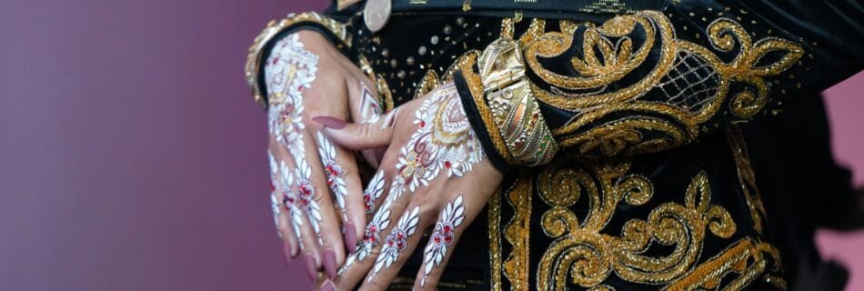 A close up of a person wearing a costume